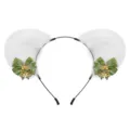 Serre-tete oreilles d'animal en peluche blanche avec noeud vert et cloches pour cosplay. - Blanc