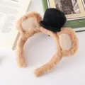 Fluffy brown bear ear headband with a cute black top hat for daily wash and cute party wear. - Khaki