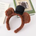 Plush bear ear headband with mini top hat cute fuzzy hair hoop autumn winter party hair accessory - Chestnut