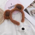 Cute plush bear ears headband and nose mask set, soft furry winter hair accessory. - Light Brown No-Hat 2-Piece Set (Headband + Mouth)
