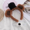 Plush bear ear headband with black top hat and nose band, cute animal costume party hair accessory. - Light Brown 2-Piece Set (Headband + Mouth)