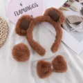 Joli ensemble de serre-tête oreilles d'ours en peluche marron avec nœud pour maquillage et fête - Ensemble de 3 pièces marron clair sans chapeau (serre-tête + queue + nœud papillon)