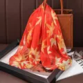 Red maple leaf print chiffon silk square scarf, elegant fashion neck accessory for women. - Chiffon Silk Scarves 6
