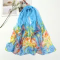 Light blue floral print chiffon scarf, elegant beach sun protection shawl for women. - Light Blue Peacock