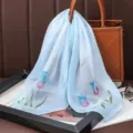 Light blue chiffon square scarf with elegant tulip print, soft versatile neckerchief for women. - Chiffon Scarf 14