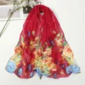 Red chiffon floral scarf summer sun protection beach wrap lightweight neckerchief - Red Peacock Feather
