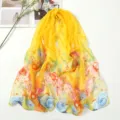 Yellow floral print chiffon scarf, lightweight beach shawl and sun protection neck wrap. - Bright Yellow Peacock