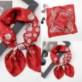 Elegant red silk square scarf with vintage white camellia and gold chain print for women. - Versatile Silk Scarves 12