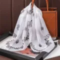 White floral print chiffon square scarf, elegant neckerchief for women detailed view. - Chiffon Scarves 12