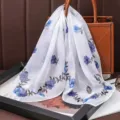 60cm white floral printed chiffon square scarf, versatile elegant neckerchief for women. - Chiffon Scarves 13