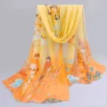 Yellow gradient floral chiffon scarf, traditional bird print long shawl for spring summer. - Yellow Orange Gradient Floral