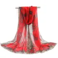 Women Red Chiffon Scarf Vintage Chain Leopard Print Long Shawl Sunscreen Beach Scarf - Leopard & Chain
