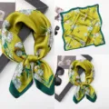 Retro green floral printed faux silk square scarf versatile elegant women neckerchief - Versatile Silk Scarves 13
