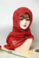Red chiffon shimmering sequin pleated hijab summer solid color beach shawl and headscarf - Red