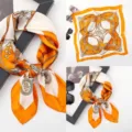 Orange luxury style square silk scarf with vintage chain and belt print for women fashion. - Versatile Silk Scarves 11
