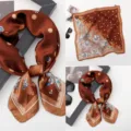 Elegant brown satin silk small square scarf, vintage paisley print chic women neck scarf. - Versatile Silk Scarves 16