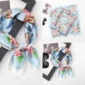 Vintage blue silk square scarf with carriage floral and chain print for women beach and daily wear. - Versatile Silk Scarves 20