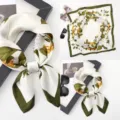 Elegant floral chain print square silk scarf for women, stylish green border neckerchief. - Versatile Silk Scarf 3
