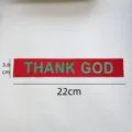 Detailed view of red fabric patch with green text DIY accessory for clothing bags. - Red Background Green Letter THANK GOD Style (sy030) / 1 Piece Pack (22x3.6cm)