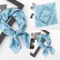Blue satin square scarf for women, elegant floral print neckerchief for daily wear and office. - Versatile Silk Scarf 5