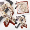 Floral print satin square scarf, vintage beige silk feel neckerchief for women. - Versatile Silk Scarf 6