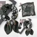 Elegant dark green silk square scarf with white rose and chain print for women chic accessory 70cm - Versatile Silk Scarves 17