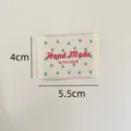 Handmade cloth label with blue polka dots and embroidery text, size 4x5.5cm for sewing decor. - Handmade Style / Blue Polka Dots
