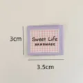 Handmade fabric label woven patch checkered sewing accessory for clothes bags 3x3.5cm - Sweet Life Style / Pink Grid with Purple Border