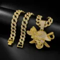 Men gold hip hop pirate skull pendant necklace, iced out cuban link chain jewelry accessory. - Pendant with 18inch Cuban Chain / Gold