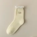 Women's fleece lined thermal cotton socks with sweet embroidery detail for winter cozy wear. - One Size / Light Yellow