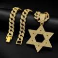 Ciondolo stella di David hip hop uomo con collana catena cubana e bracciale dettaglio. - Ciondolo con Catena Cubana da 18 pollici / Oro