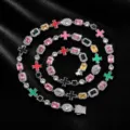 Kleurrijke edelsteen hiphop ketting voor heren, luxe iced out kruis ketting sieraden. - 16" / Zilver