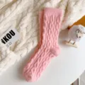 Pink cable knit fuzzy socks detail, warm winter cozy thick thermal sleep socks for women. - Non-Shedding / Glitter