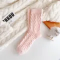Pink fuzzy cable knit crew socks for women, thick plush winter warm thermal sleep socks. - Non-Shedding / Light Pink