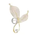 Exquisite pearl leaf brooch pin, elegant gold tone metal jewelry with sparkling crystals. - Gold