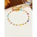 Gold stainless steel colorful stone heart crystal bracelet aesthetic fashion daily jewelry accessory - Colorful Bead Square Bracelet / Gold
