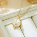 French vintage gold tulip pendant necklace with enamel details and sparkling crystals. - White Tulip (T2004)