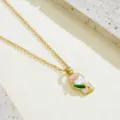 Gold necklace with rectangular enamel flower pearl pendant, retro Chinese style jewelry piece. - Necklace / Pink