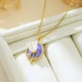 French retro purple tulip necklace, gold chain with enamel flower pendant, elegant jewelry. - Purple Base White Tulip (T2006)