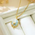 French vintage style enamel tulip flower pendant necklace with elegant blue base and gold chain. - Blue Base White Tulip (T2007)