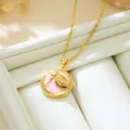 French vintage gold chain necklace with pink enamel seashell pendant for women elegance. - Pink Shell Pearl (T1929)