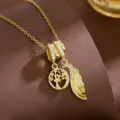 Elegant gold-plated dual pendant necklace featuring zircon tree and feather charms for women. - Tree of Life Feather Style (T2325)