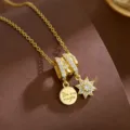 Gold-plated multi-ring pendant necklace featuring sparkling cubic zirconia star and engraved disc. - Octagram Round Plate Style (T2329)