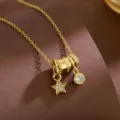 Gold charm necklace with textured barrel bead and dangling star pendant for daily wear. - Cylinder Star Style (T2338)