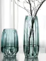 Modern transparent blue ribbed glass vases set for living room flower arrangement and decor - 1420 Short Style / Blue