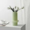 Mid-century modern glass vase with white tulips, elegant green decorative flower pot for home. - Soft Jade — Matcha Green Grade A