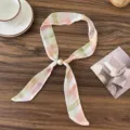 Retro floral beaded silk scarf, thin chiffon neckerchief with pearl buckle for women summer - Vintage Floral Beaded Style / Spring Mist (Pink Green Plaid)