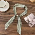 Vintage green leaf print skinny scarf with bead charm elegant neck ribbon for women accessory - Vintage Floral Beaded Style / Green Leaves (Green Foliage)
