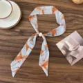 Vintage floral print ribbon scarf with pearl buckle detail, elegant thin neckerchief accessory. - Vintage Floral Beaded Style / Autumn Chrysanthemum (Orange Blue Floral)