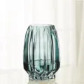 Blue vertical ribbed glass vase, transparent hydroponic flower arrangement container for home decor. - 1420 Short Style / Night Green